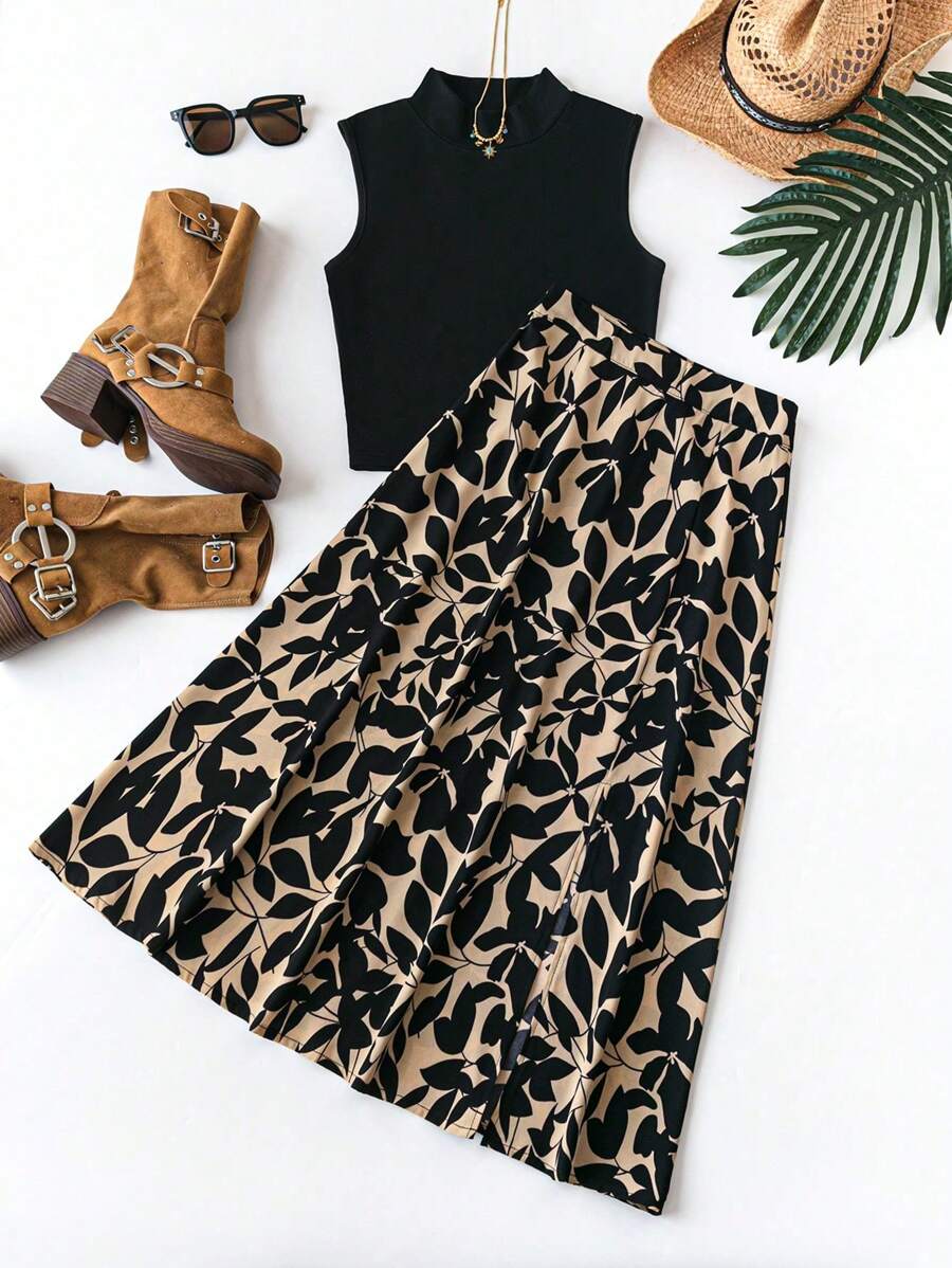 SHEIN Tall Bộ 2 áo vest dệt kim thanh lịch cỡ lớn và chân váy in họa tiết cho nữ, mùa xuân/hè - Nhiều màu - Xem 1