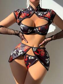 Fantasy Costume 4pcs/Set Sexy Printed Underwire Push-Up Hollow-Out Women's Lingerie Sets