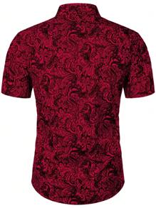 Manfinity Homme 佩斯利印花单排扣休闲短袖衬衫，适合日常穿着 - 紅色 - 查看 2