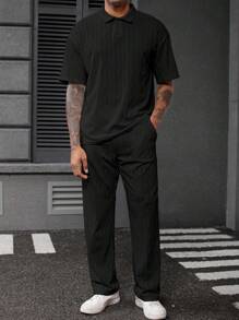 Manfinity Homme 针织纹理男士杏色 Polo 衫和裤子套装，男士两件套服装，舒适服装 - 黑色 - 查看 3