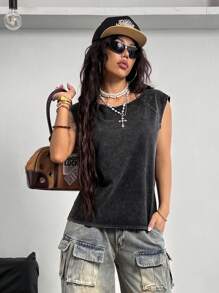 Coolane Camiseta de mujer para primavera/verano con estilo vintage grunge, manga ultra corta, lavado sucio y cómoda