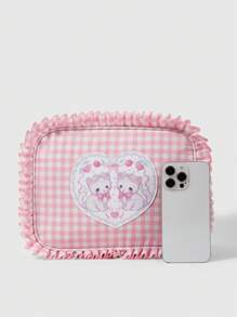ROMWE Kawaii Women's Pink & White Plaid Lace Cherry Cat Pattern Bow Decor Cosmetic Pouch - Multicolor - View 3