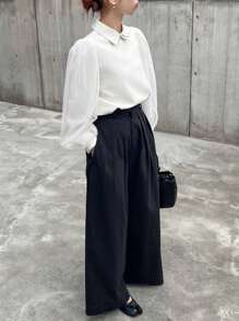 FRIFUL Áo cánh lưới vá màu trơn cổ bẻ thanh lịch dành cho nữ, Áo dài tay thời trang trở lại trường - trắng - Xem 2