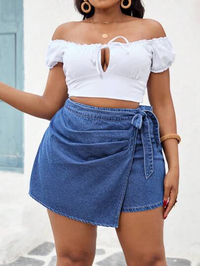 SHEIN SXY Plus Size Blue Denim Shorts, Casual Fitted Patchwork Shorts Summer,Vacation Woman,Easter,Spring,Western,Office For Women,Rave,Baby Shower ,Cottagecore,Country Women,Old Money Style Women,Going Out,Festival,Rodeo,Airport