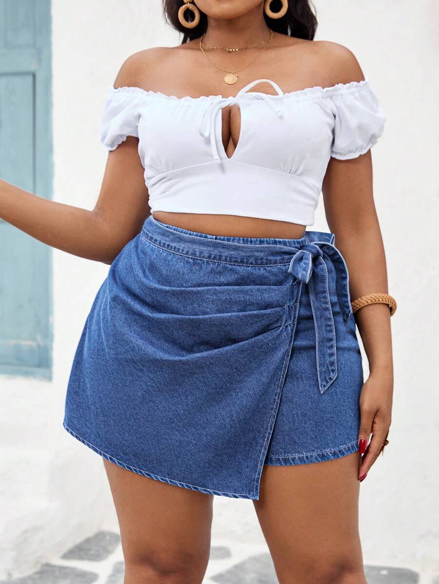 SHEIN ICON Plus Size Dark Blue Denim Shorts,Casual Summer Fitted Patchwork Shorts For Women,Hiking Vacation,Western Country,Rave Festival,Old Money Style,Rodeo