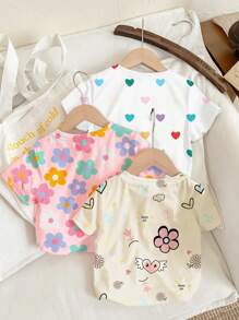SHEIN Leap Crew Happikins Young Girl Casual Minimalist Round Neck Short Sleeve T-Shirt, Suitable For Summer - Multicolor - View 2