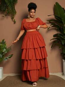 Maweii 2 件加大码套装，纯色短袖方领上衣和裙子 - 橘色 - 查看 3