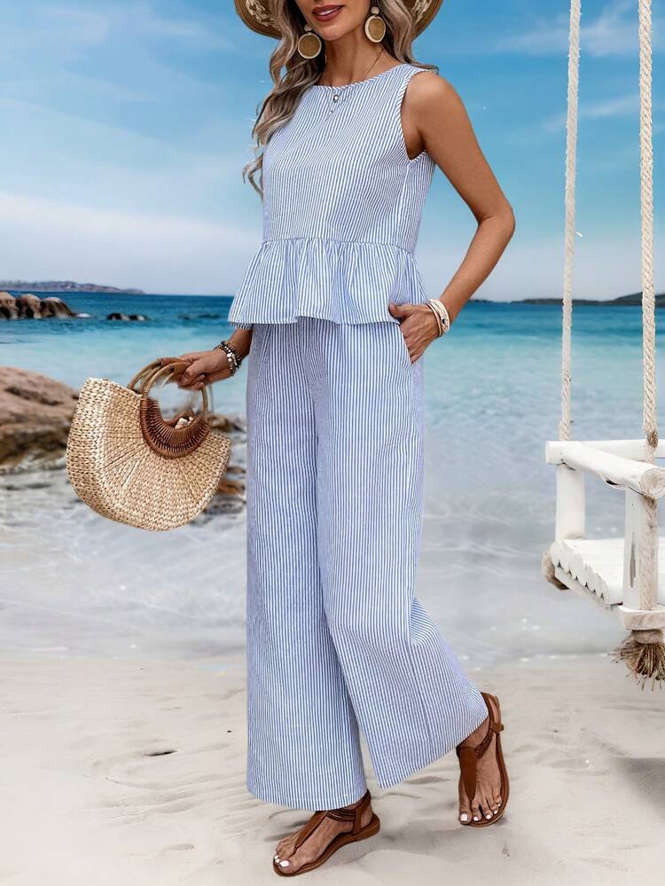 2pcs Women's Striped Ruffle Hem Sleeveless Shirt And Pants Set Summer Vacation Outfits Women