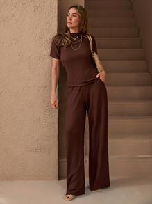 EURMUSE TEXTURE SOLID COLOR TSHIRT & STRETCH ELASTICAL FIT WAIST STRAIGHT TEXTU PANT CO ORD SET - Brown - View 6
