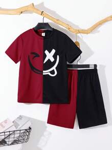 SHEIN Leap Crew 2pcs/Set Tween Boy Casual Adorable Colorblock Round Neck Short Sleeve T-Shirt & Shorts Set, Suitable For Commuting, School, Daily Casual And Sports, Spring/Summer - Red - View 6