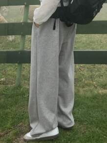 DAZY Pantalón de chándal informal suelto con cordón en la cintura para hombre, color gris sólido de primavera - Gris Claro - Ver 2