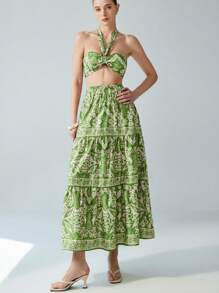 Aveloria Modichic Elegantes florales Farbclash bedrucktes Crop Top mit Trägerkragen & hochgeschnittener A-Linien Rock 2-teiliges Set, verstellbarer elastischer Bund mit Rüschendetails, Urlaubsstil für den Strand