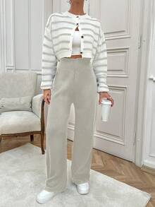 EURMUSE Conjunto de cárdigan y pantalones de mujer con diseño de rayas y botones frontales - Gris Claro - Ver 4