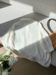 Comfortcana 春夏衬衫白色休闲纯色落肩前扣沙滩衬衫 - 杏色 - 查看 4