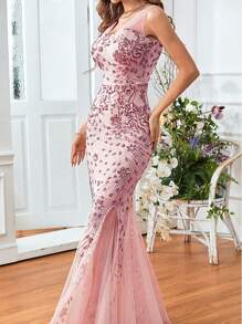 SHEIN Belle 开叉大腿撞色亮片网眼舞会礼服，优雅正式晚礼服，适合婚礼嘉宾、毕业典礼、节日晚宴派对服装 - 粉色 - 查看 6