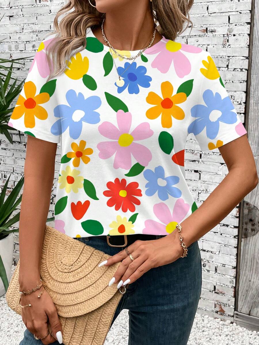 Casual Spring Floral Vacation Style Artistic Colorblock Flower Graphic Loose Fit Round Neck Short Sleeve T-Shirt, Plus Size, Suitable For Summer - White - View 1