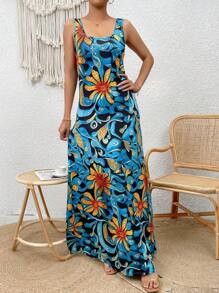 Breezaya Vestido tipo top, nuevo modelo 2025 con cintura ceñida de estilo retro, vestido de satin con estampado de paisley y flores, cuello cuadrado, cintura ceñida, vestido casual y favorecedor para vacaciones - Azul - Ver 3