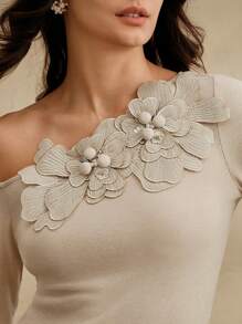 Anewsta Women's Elegant Floral Embroidered & Studded Slim Fit Open Shoulder Asymmetrical Knit Top, Suitable For Festivals, Going Out, Vacation - Khaki - View 8