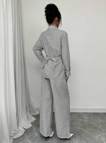 Modelyn 2 件套女士编织条纹纽扣领带套装，带长袖衬衫和裤子 - 黑色 - 查看 2