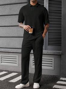 Manfinity Homme 针织纹理男士杏色 Polo 衫和裤子套装，男士两件套服装，舒适服装 - 黑色 - 查看 5