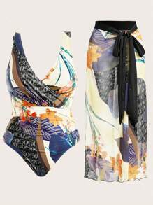 Swim Oasis 2pcs/Set Plus Size Plant Printed One-Piece Swimsuit With Cover-Up And Sarong Skirt - Black and White - View 3