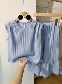 SHEIN 2pcs/Set Young Girl' Korean Style Summer Outfit, Loose Sleeveless Top And Layered Loose Pants, Fashionable Summer Vacation Casual Set - Blue - View 3