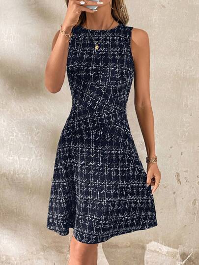 SHEIN Clasi Elegant miniklänning med Gingham Print Fit & Flare för kvinnor, lämplig för pendling, arbete, avslappnad, mångsidig, vår/sommar