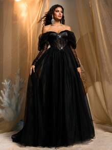 Glamrae Elegant And Luxurious Black Detachable Sleeves Off- Shoulder Sexy Sequins Mesh Puff Sleeves Corset Long Dress, Suitable For Weddings, Parties, Vacations, Dances, Celebrations, Evening Dress, Party Dress, Wedding Guest Dress, Formal Dress, Gown, Halloween - Black - View 7