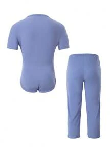 2pcs/Set Tween Girls Minimalist Solid Color Square Neck Short Sleeve Swimsuit Bottoms & Relaxed Pants Home Outfit - Blue - View 2