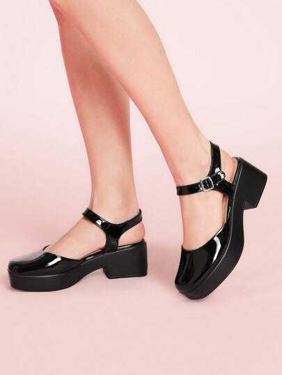 CUCCOO DOLLMOD Women's Fashion Black Ankle Strap Round Toe Thick Sole Comfortable Platform Slip-On Shoes For Commuting, Dating, Party, Shopping, Holiday For Christmas