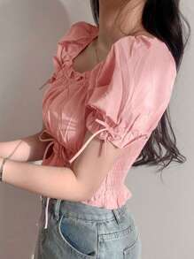 DAZY Women's Ruffle Collar Tie Front Cropped Short Sleeve Shirt In Pink - Pink - View 1