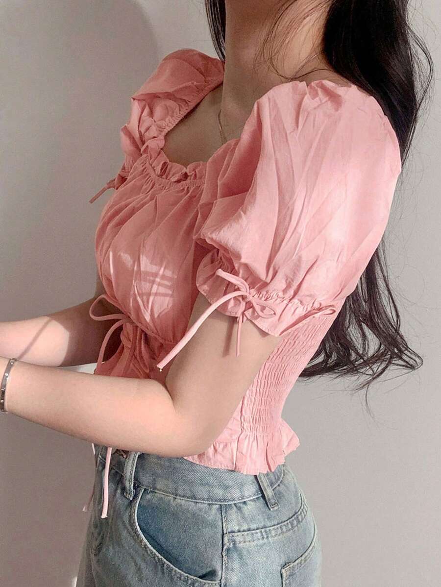 DAZY Women's Ruffle Collar Tie Front Cropped Short Sleeve Shirt In Pink - Pink - View 1