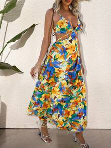 Breezaya Full Floral Print Sleeveless Deep V-Neck Summer Vacation Casual Halter Straps Dress - Orange - View 5