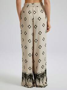 Ontre Apricot Coconut Tree Print Elastic Waist Wide Leg Casual Pants