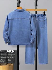 Mirajuku Tween Boys Fashionable Casual Washed Denim Blue 2 Pieces Suit Chic Outfits For Autumn/Winter - Dark Wash - View 2