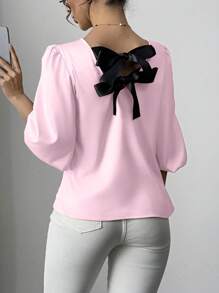 Chiquease Elegant Round Neck Bowknot Back Lantern Sleeve Shirt - Pink - View 2