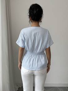 Elenzga Women's Short Sleeve Casual Plaid Collar Tie Shirt - Baby Blue - View 2