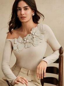 Anewsta Women's Elegant Floral Embroidered & Studded Slim Fit Open Shoulder Asymmetrical Knit Top, Suitable For Festivals, Going Out, Vacation - Khaki - View 1