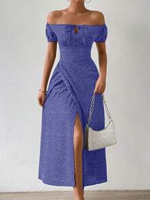 Breezaya Polka Dot Tie Front Off Shoulder Split Thigh Dress Maxi Women Outfit
