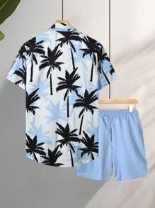 Manfinity RSRT Bộ 2 áo sơ mi tay ngắn in hình cây dừa đi nghỉ mát cho nam và quần short, trang phục đi nghỉ, trang phục ấm áp - Màu xanh lam - Xem 2