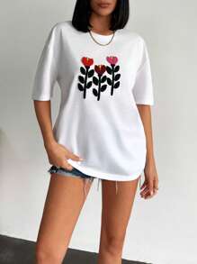 EURMUSE Áo thun nữ thêu hoa rộng rãi cỡ lớn - trắng - Xem 6