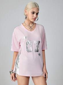 ROMWE Avant T-shirt patchwork en tissu argenté avec graphique de football rétro Y2K pour femmes