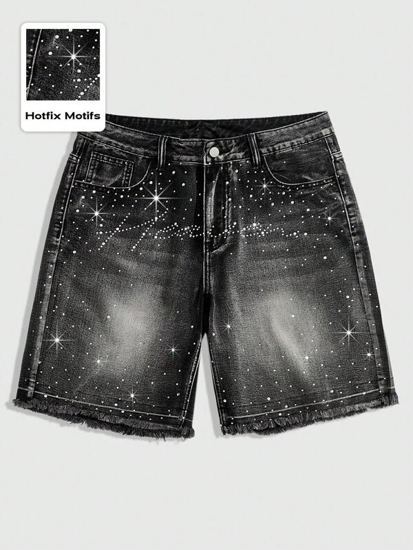 ROMWE MEN Street Life Men's Rhinestone Distressed Denim Shorts Jorts, Minimalist & Fashionable, Suitable For Summer