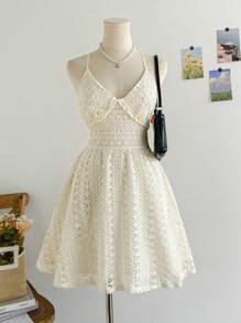 Soleia Women's Vacation Spaghetti Strap Mini Dress, Backless Tie-Up A-Line Dress, Vacation Textured Crochet Mesh, Summer Outfit - Apricot - View 1