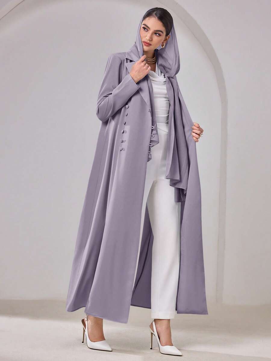 SHEIN Najma Women's Solid Color Lapel Neck Long Sleeve Elegant Arabic Abaya, Modest Robe - Dusty Purple - View 1
