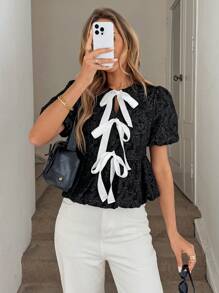 SHEIN LUNE Front Tie Bow Contrast Color Block Puff Sleeve Lantern Sleeve Ruffle Hem Textured Fabric Casual Vacation Elegant Blouse For Women Cute Summer Tops Western Clothes For Women Summer Outfits For Women