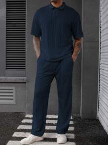 Manfinity Homme Bộ quần áo polo dệt kim họa tiết màu be hai mảnh dành cho nam, trang phục thoải mái, ấm áp - Màu xanh hải quân - Xem 5