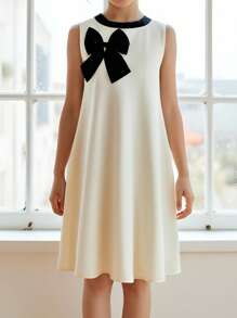 SHEIN Explorewe Teen Girl Sleeveless Solid Color Dress With 3D Bow Decor, Casual Ladylike Style, Comfortable For Daily, Summer, And Elegant For Weddings & Wedding Guests - Apricot - View 4