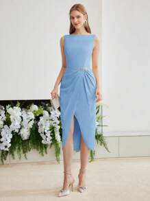 MOTF PREMIUM WRAP FOLD PLEATED DRESS - Blue - View 7