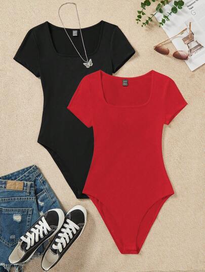 SHEIN EZwear 2pcs/Set Casual Minimalist Black & Red Women's Short Sleeve Bodysuit, Suitable For Summer